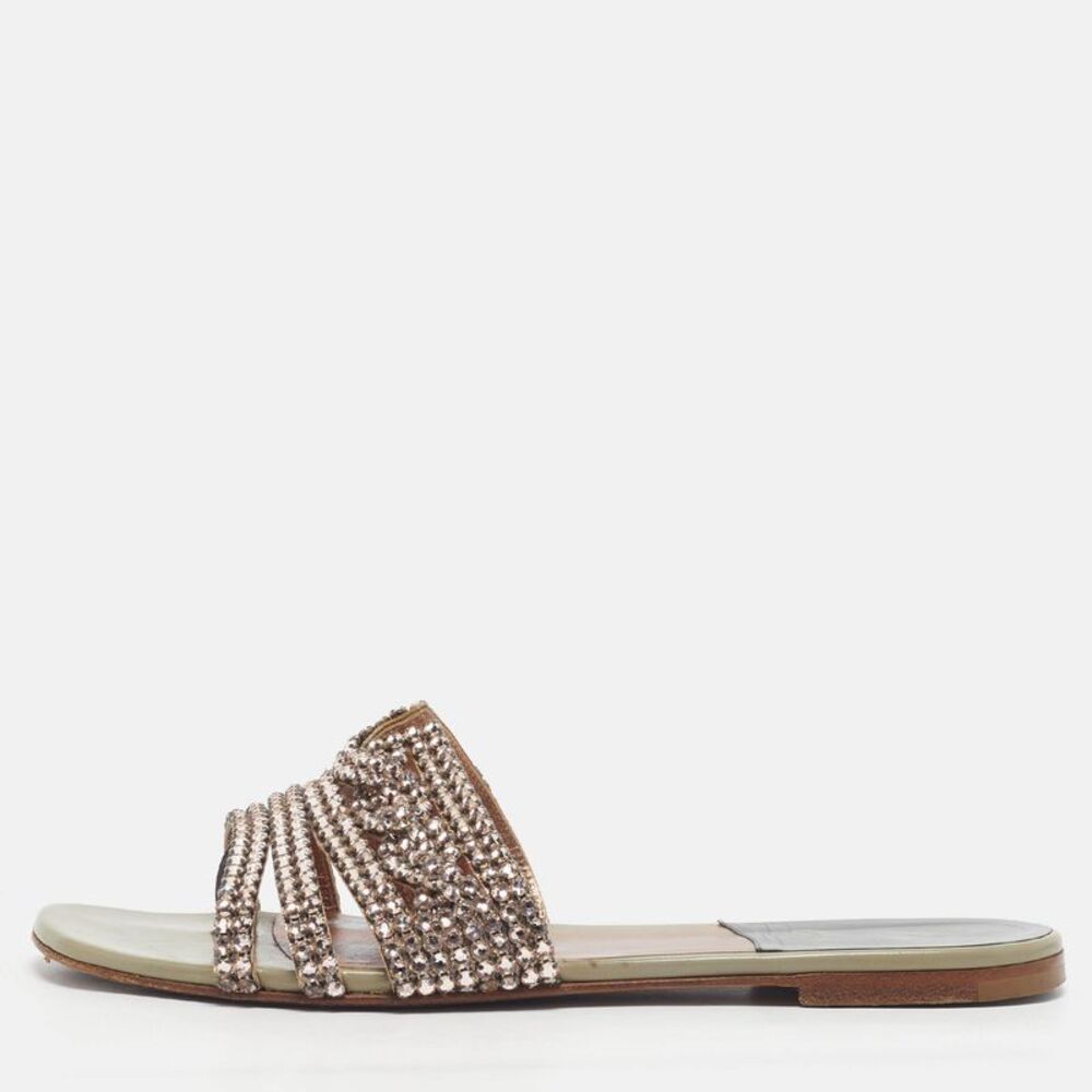 Gina Size 39 Grey Leather Crystal Embellished Flat Slides
